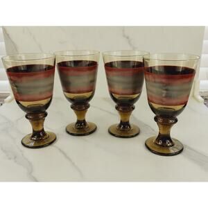 Libbey Sango Nova Brown Stem Water Goblet Glass 7" Drinking Glasses Smokey x4